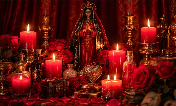 Altar con velas rojas y rosas donde se preparan los amarres con santería
