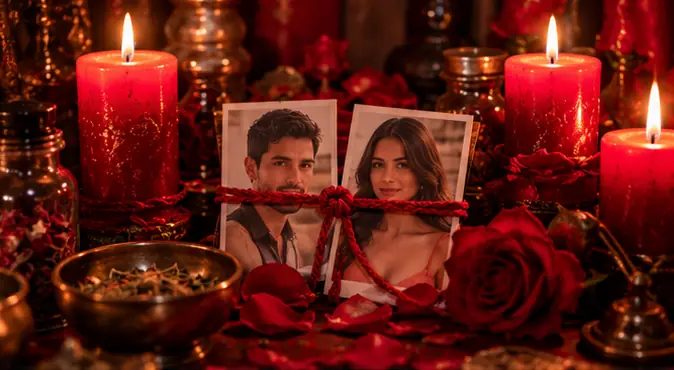 Amarre de amor con fotos y cordón rojo