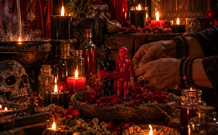 Hechizo de dominio con figuras de cera atadas en el altar