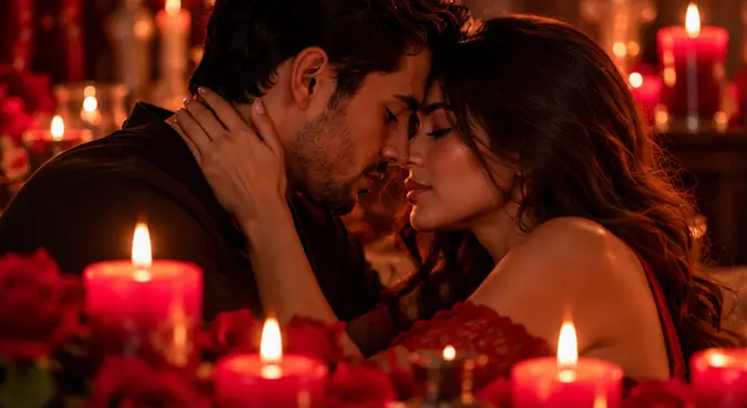 Pareja besándose entre velas rojas: amarres sexuales efectivos