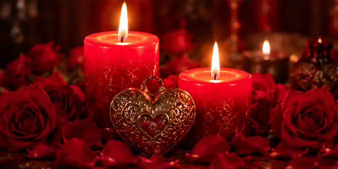 Hechizos para enamorar con vela roja de corazón y rosas