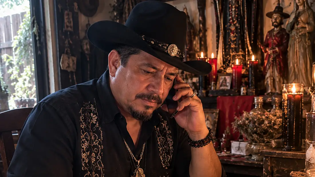 Brujo de amor atendiendo una consulta por teléfono en su altar